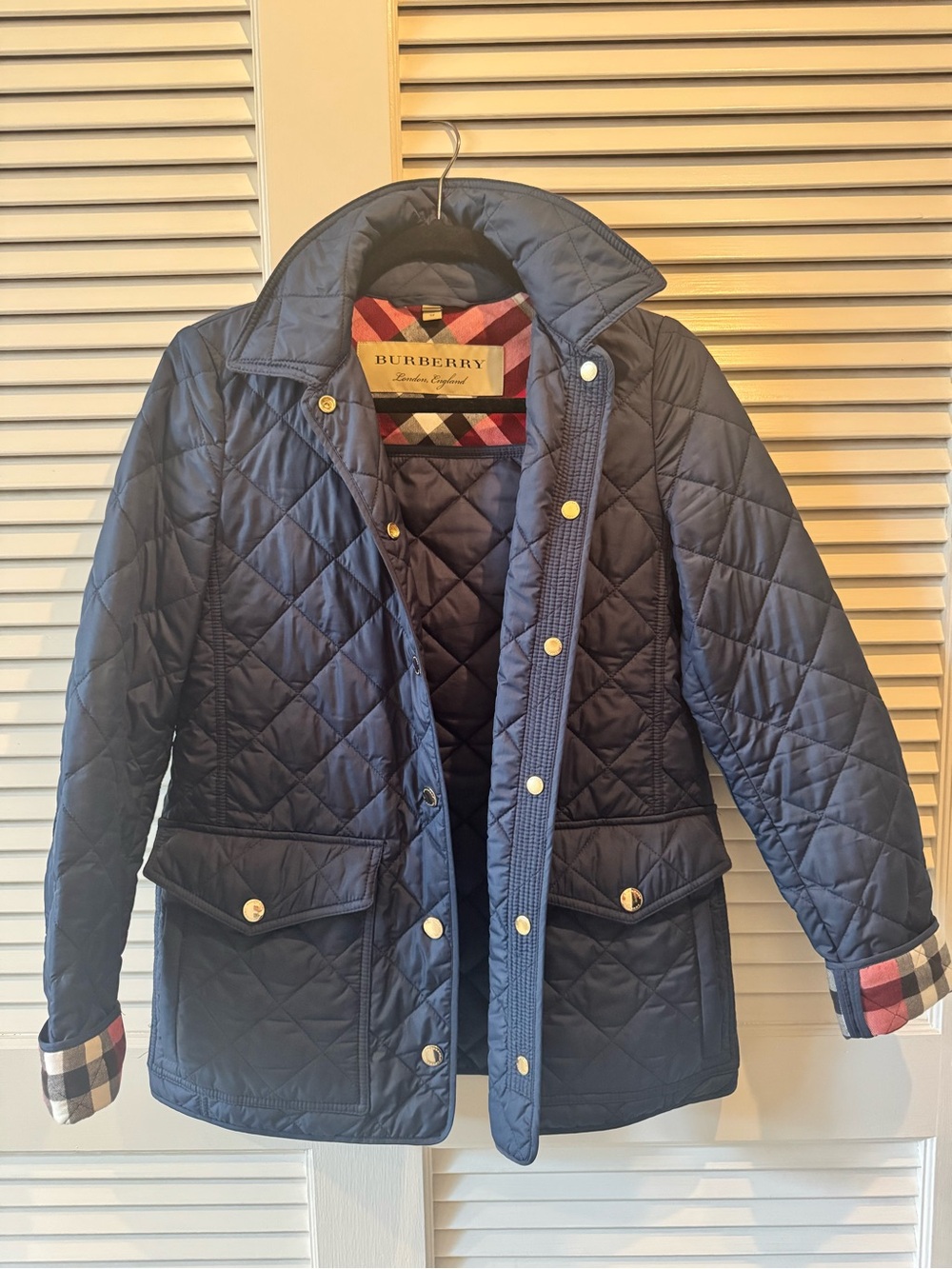 Burberry Navy Quilted Puffer Jacket with Signature Check Lining